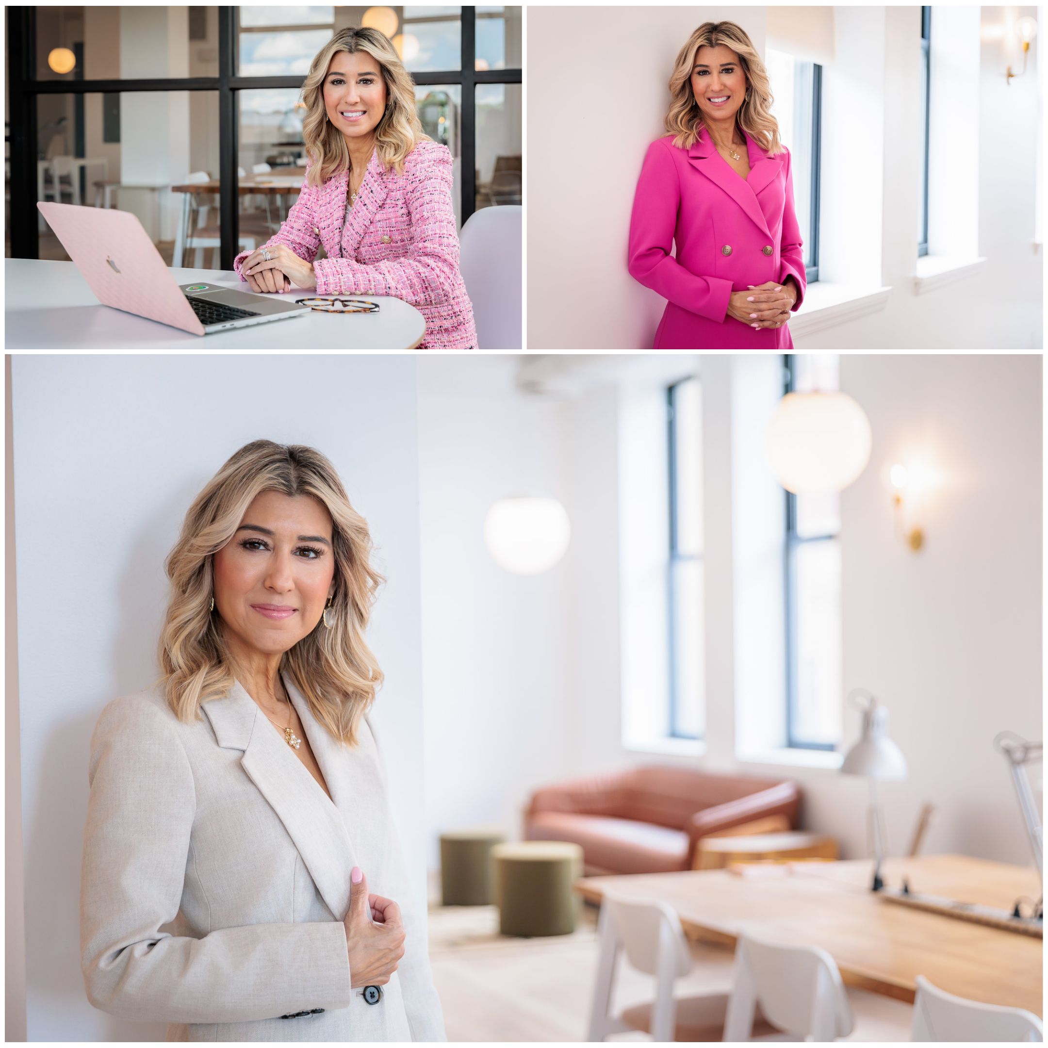 Approachable blonde executive in chic beige suit smiles warmly, leaning on wall in luminous space for a polished business headshot