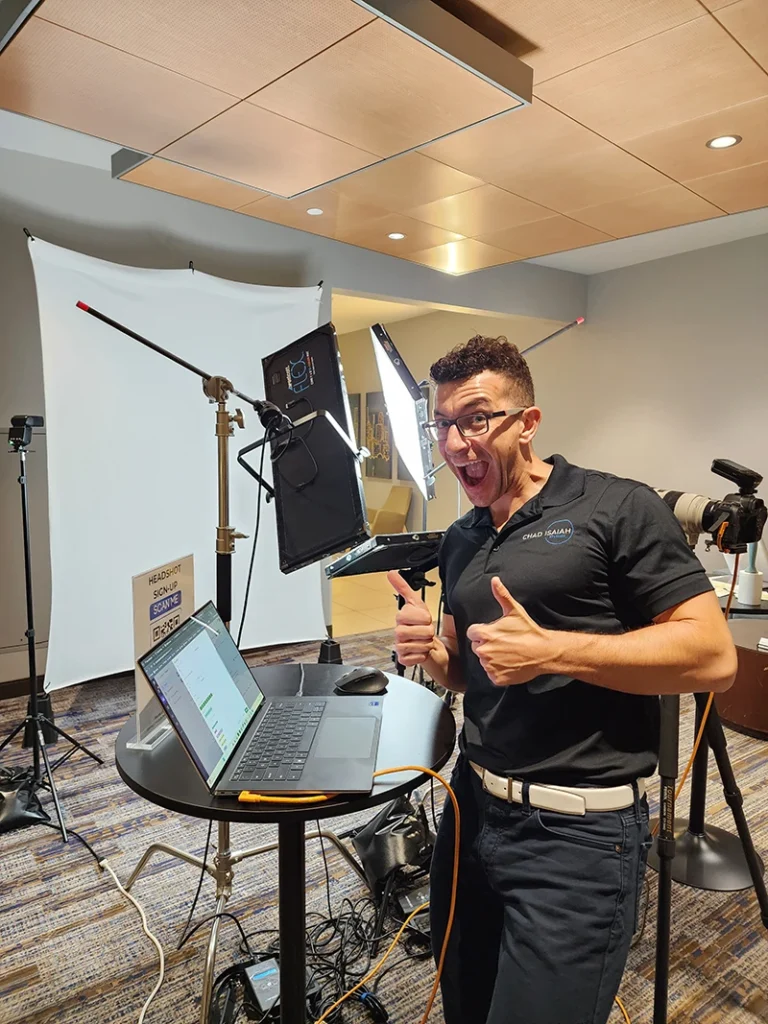 Behind the scenes at Chad Isaiah Studios with lights and a fun, goofy photographer