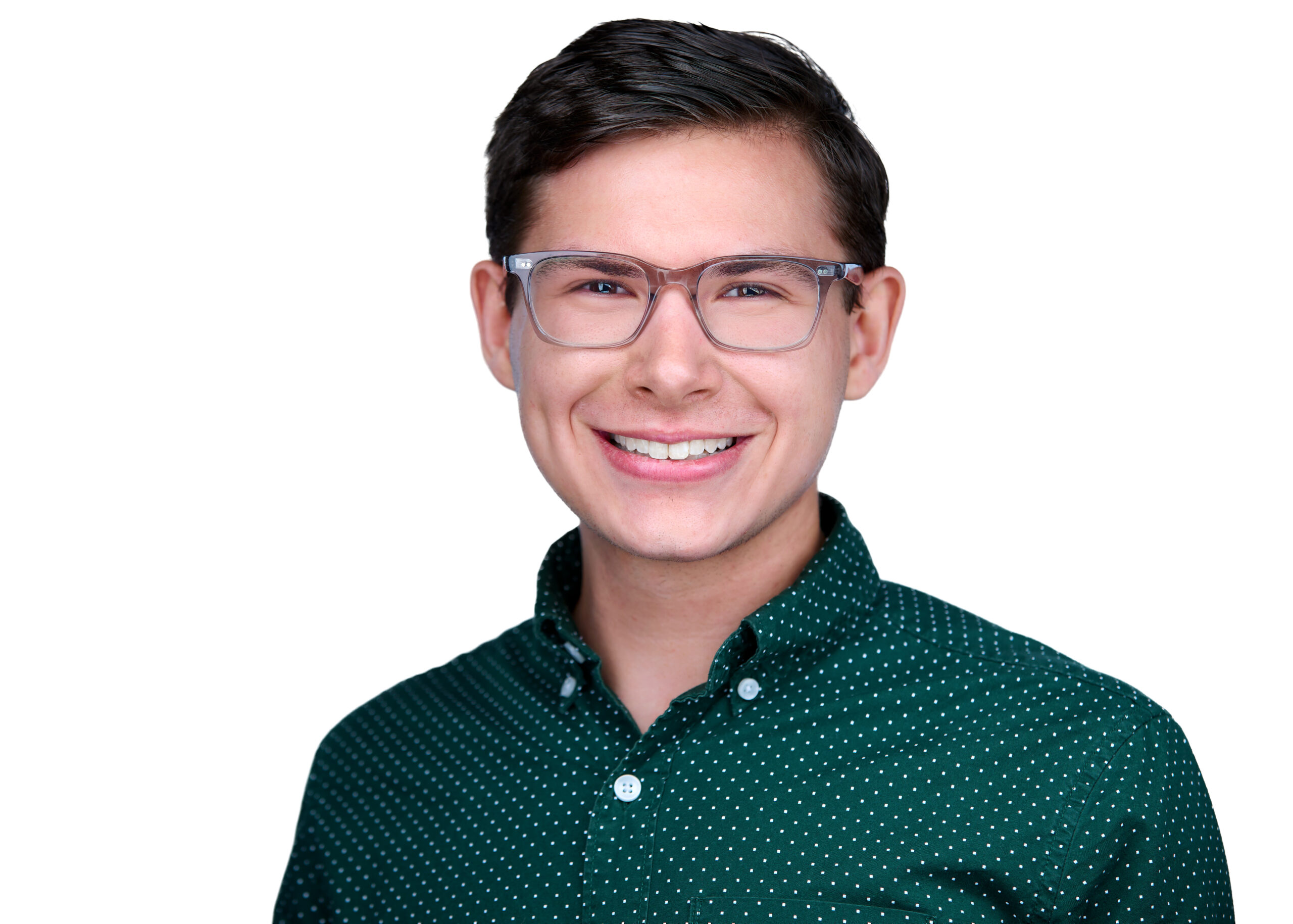 young professional man who wears glasses in headshots